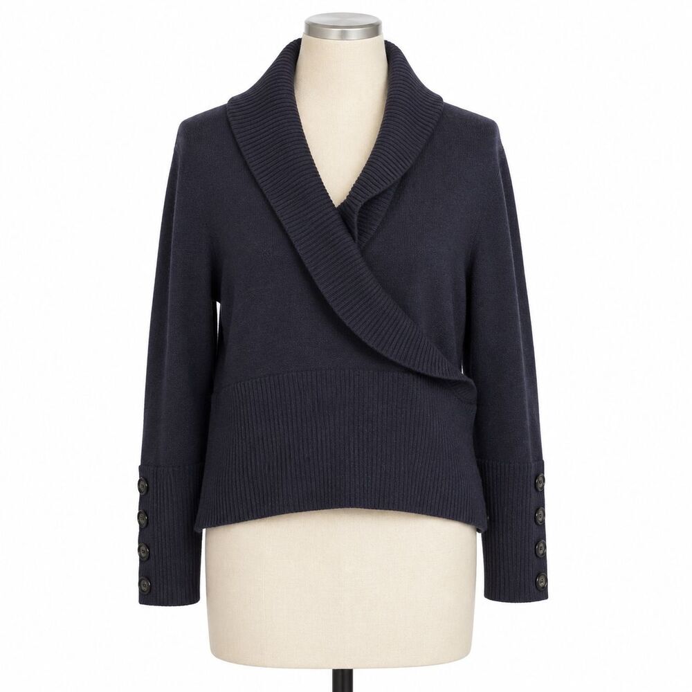 St. John Sport Shawl Collar Sweater Size Medium Black Button Sleeves Faux Wrap
